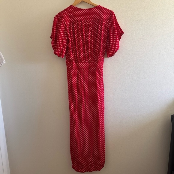 Rue Stiic Red Printed Deep V Neck Font Buttons Midi Dress Size Small - Picture 5 of 8